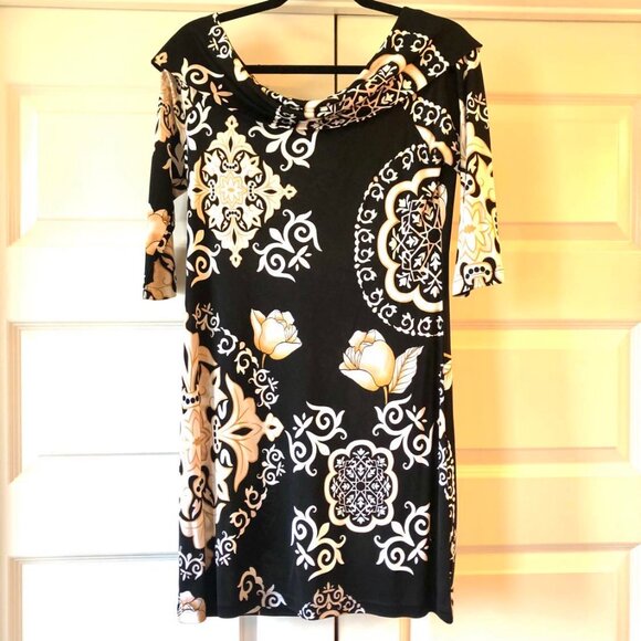 WHITE HOUSE BLACK MARKET Black Geometric Pattern Boat-neck Shift Dress M - Picture 2 of 5